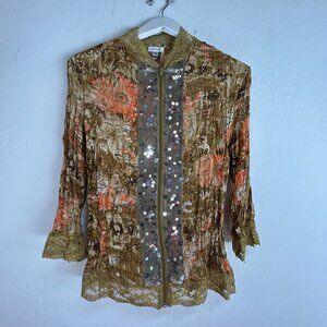 Jaipur Womens Crinkle Zip Front Lace Trim Floral Sequin Blouse Top Medium Orange
